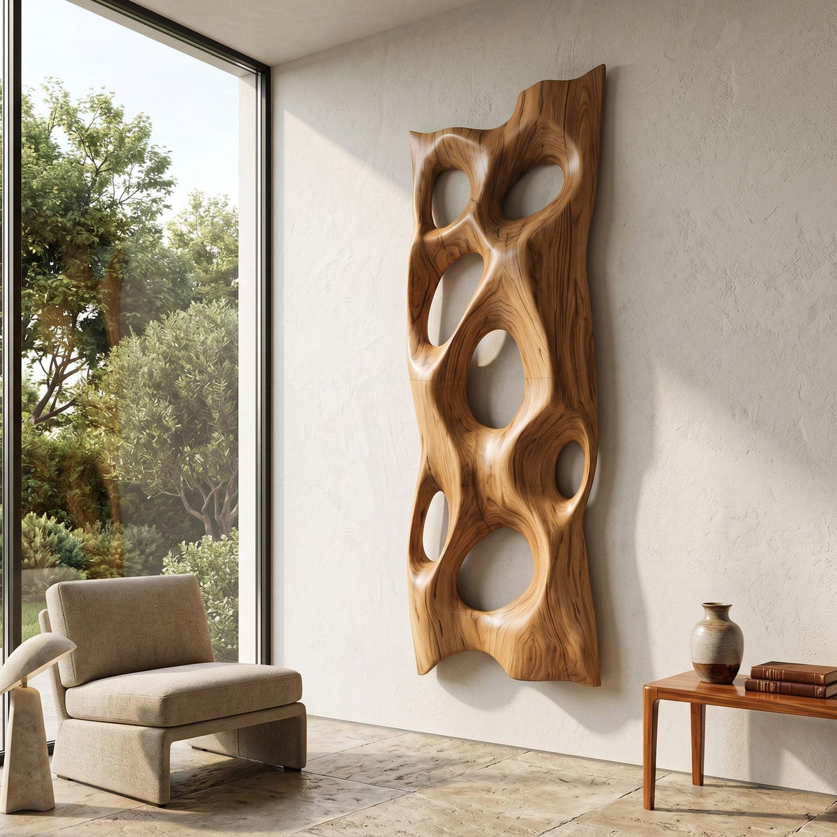Contemporary Sculptural Wall Art, Abstract 3D Carved Wood Geometric Wall Sculpture Panel for Entryway & Lounge