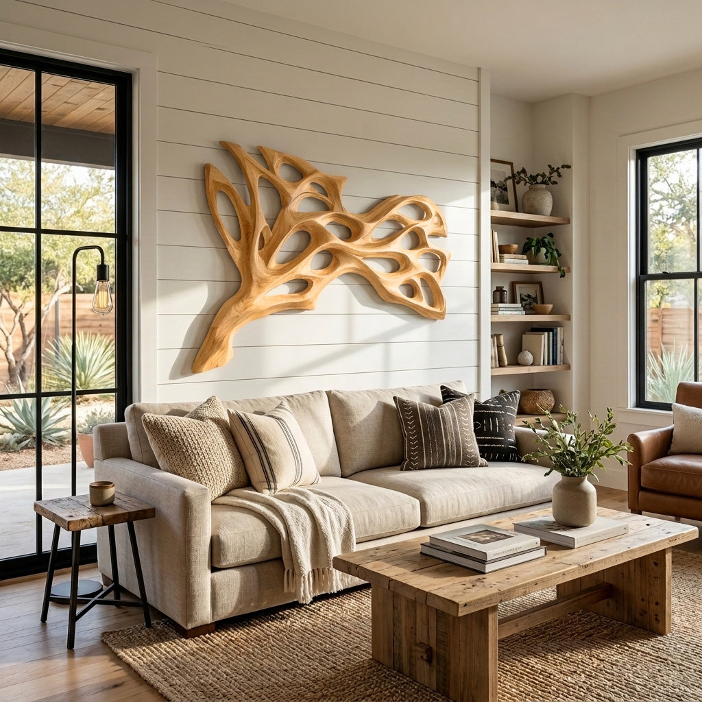Abstract Natural Wood Wall Art, Hand Carved 3D Curved Wave Wooden Sculpture Panel Decor for Modern Home