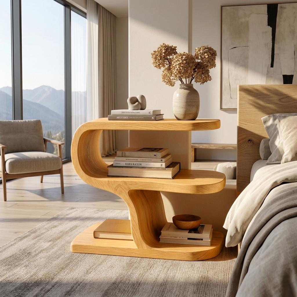 Spry Interior Wooden Nightstand with Sculptural Tiered Shelves, Modern Bedside End Table Cabinet for Bedroom Decor & Storage, RTTHTTNS045