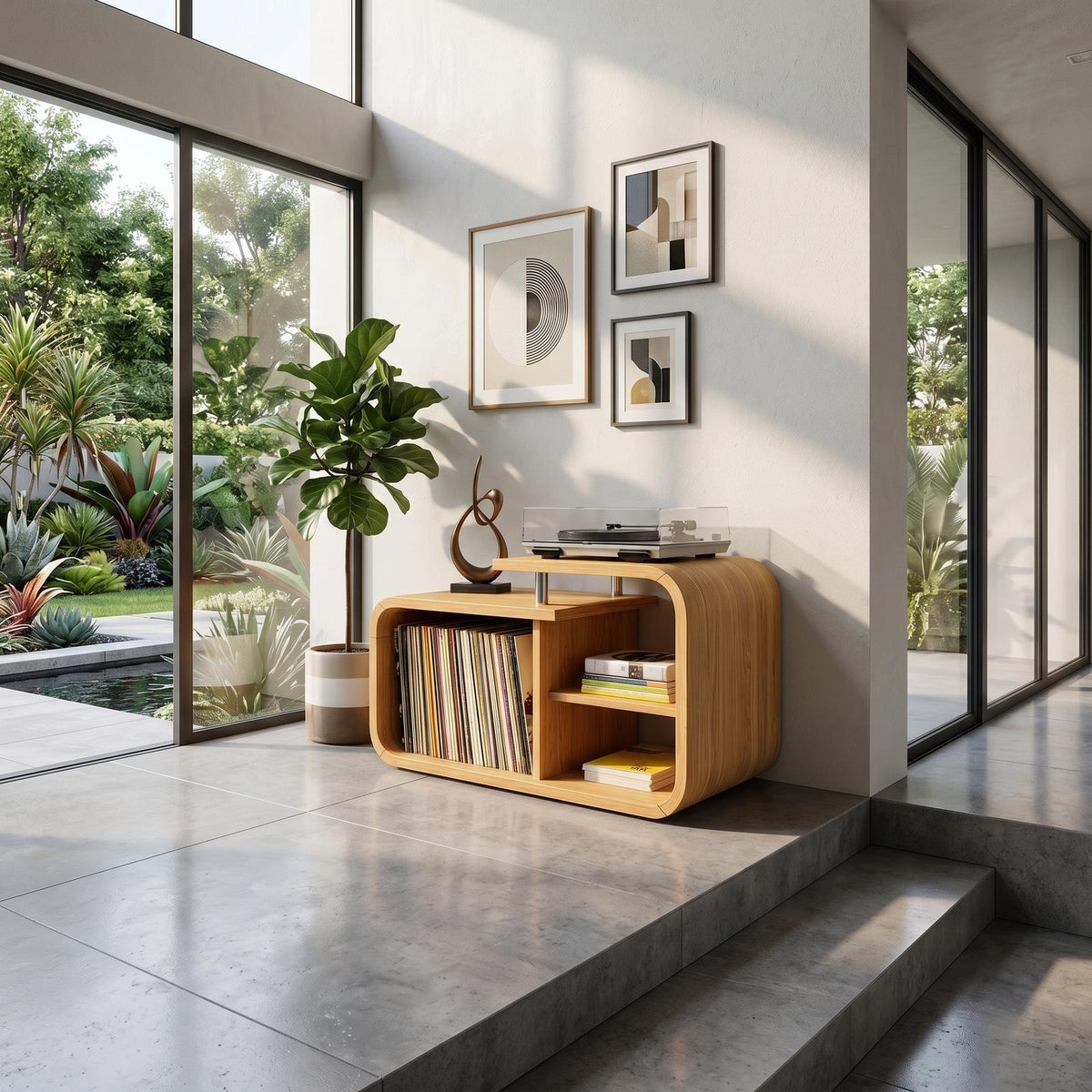 Contemporary Curved Wooden Record Player Stand, Handcrafted Modern Vinyl LP Storage Cabinet & Console, Model