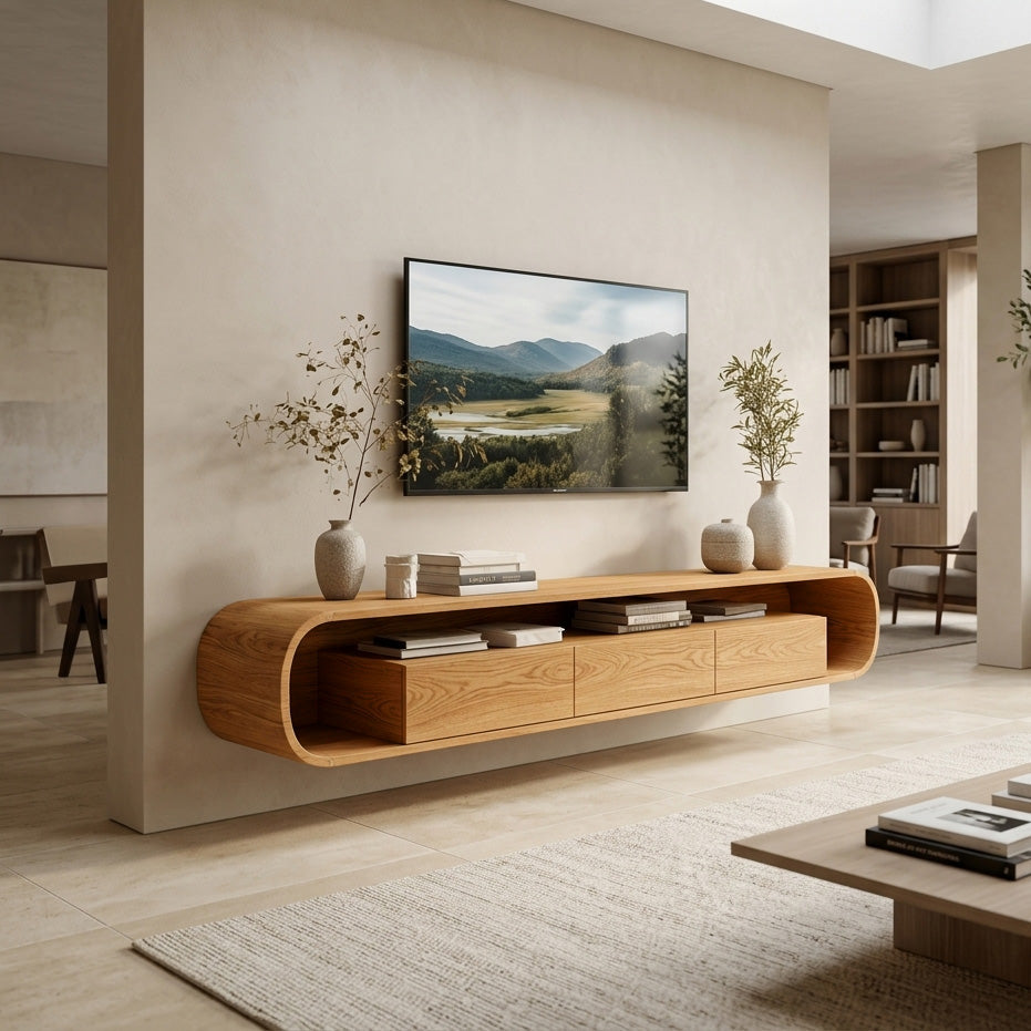 Organic Modern Floating TV Console, Wall Mounted Solid Wood Media Console Unit for Living Room