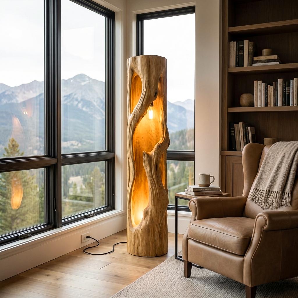 Spry Interior Rustic Natural Wood Floor Lamp, Handcrafted Wooden Tall Standing Light for Statement Living Room Decor, RTTHTTLAM049