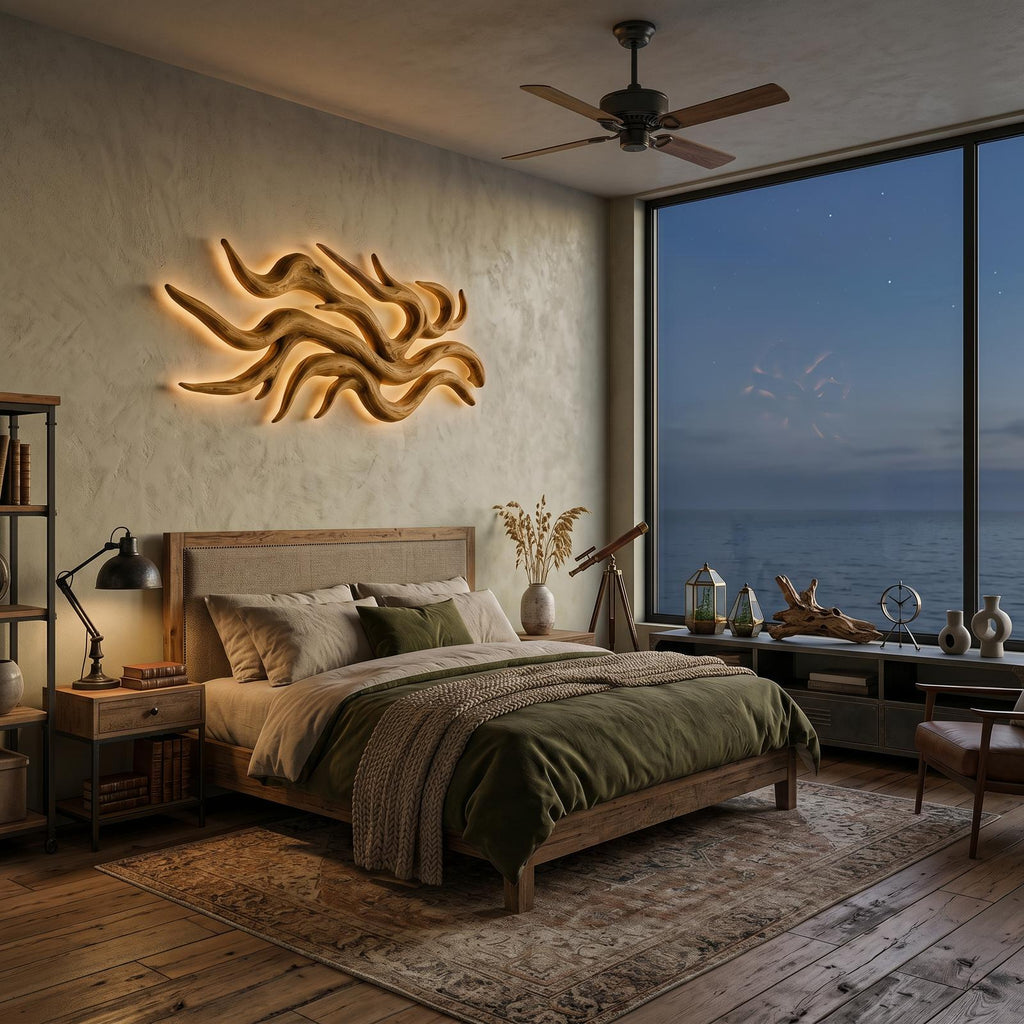 Artistic Wooden Wall Light with Flowing Root Design, Sculptural Rustic Sconce for Accent Bedroom Decor, Model