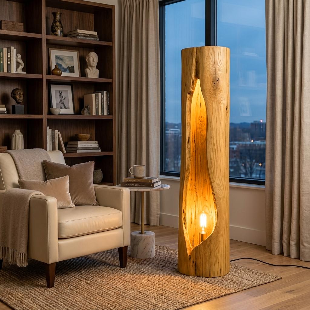Rustic Wooden Floor Lamp, Sculptural Solid Wood Standing Accent Light with Shade for Cozy Bedroom, Model