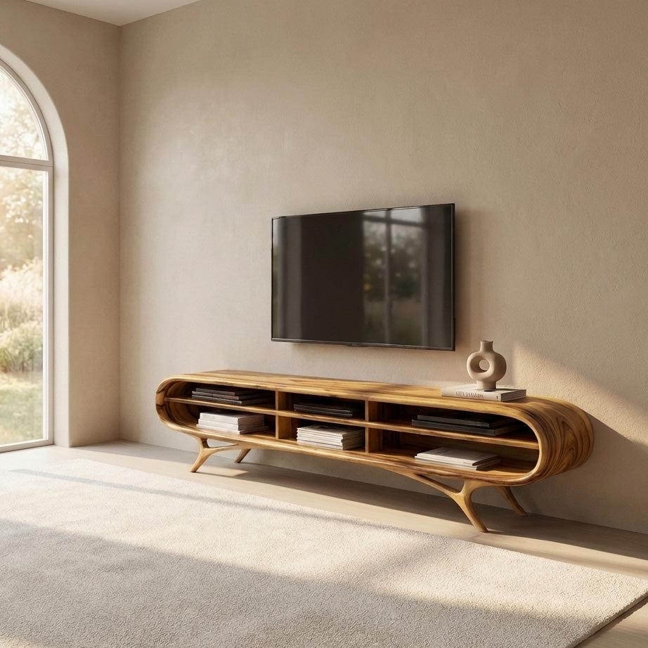 Spry Interior Contemporary Wooden TV Cabinet, Handcrafted Organic Edge Media Console & Credenza Entertainment Board for Living Room, RTTHHNTVC095
