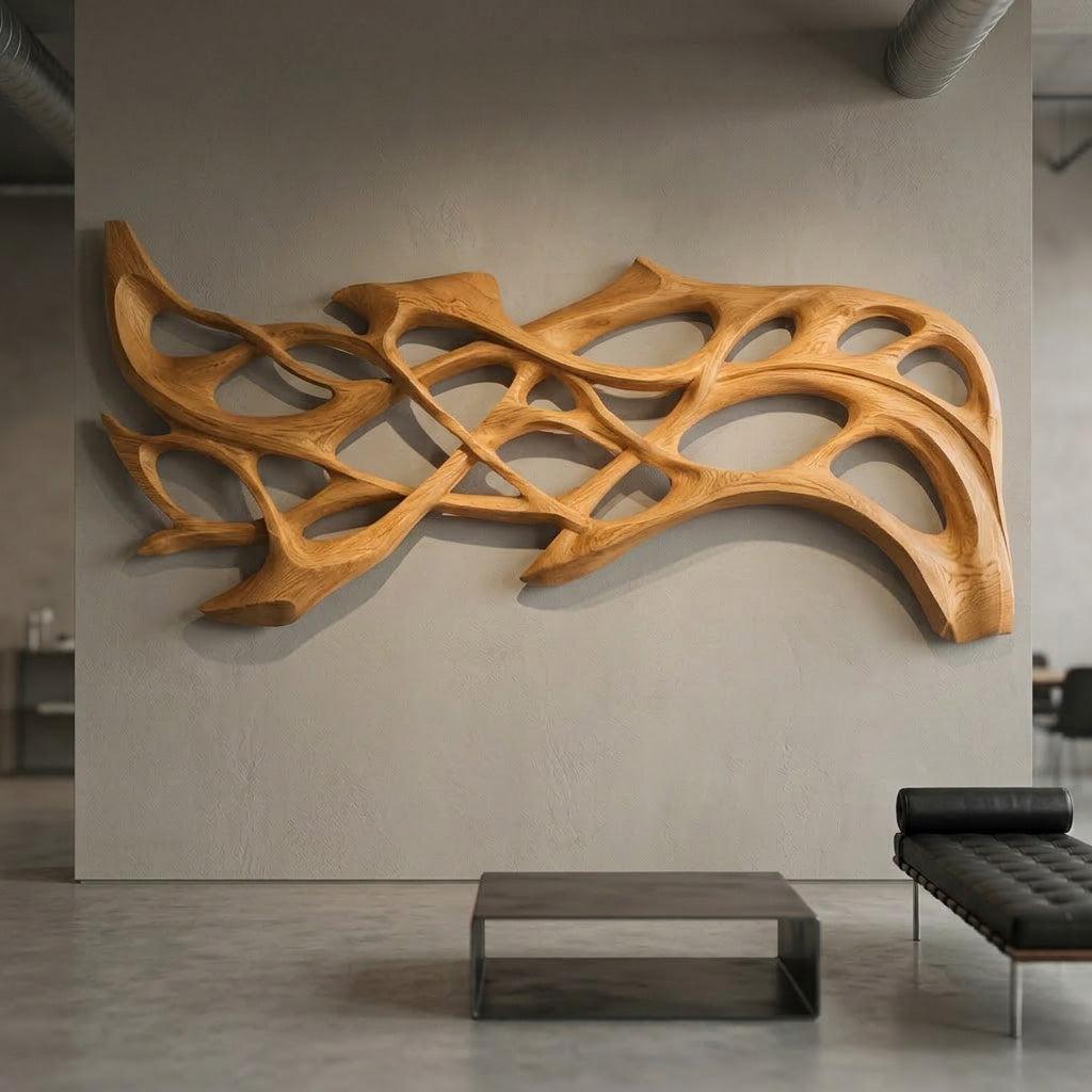 Spry Interior Organic Wood Wall Art, 3D Hand-Carved Sculptural Wooden Wall Hanging Panel Sculpture for Modern Living Room Decor, RTTHHNWA184