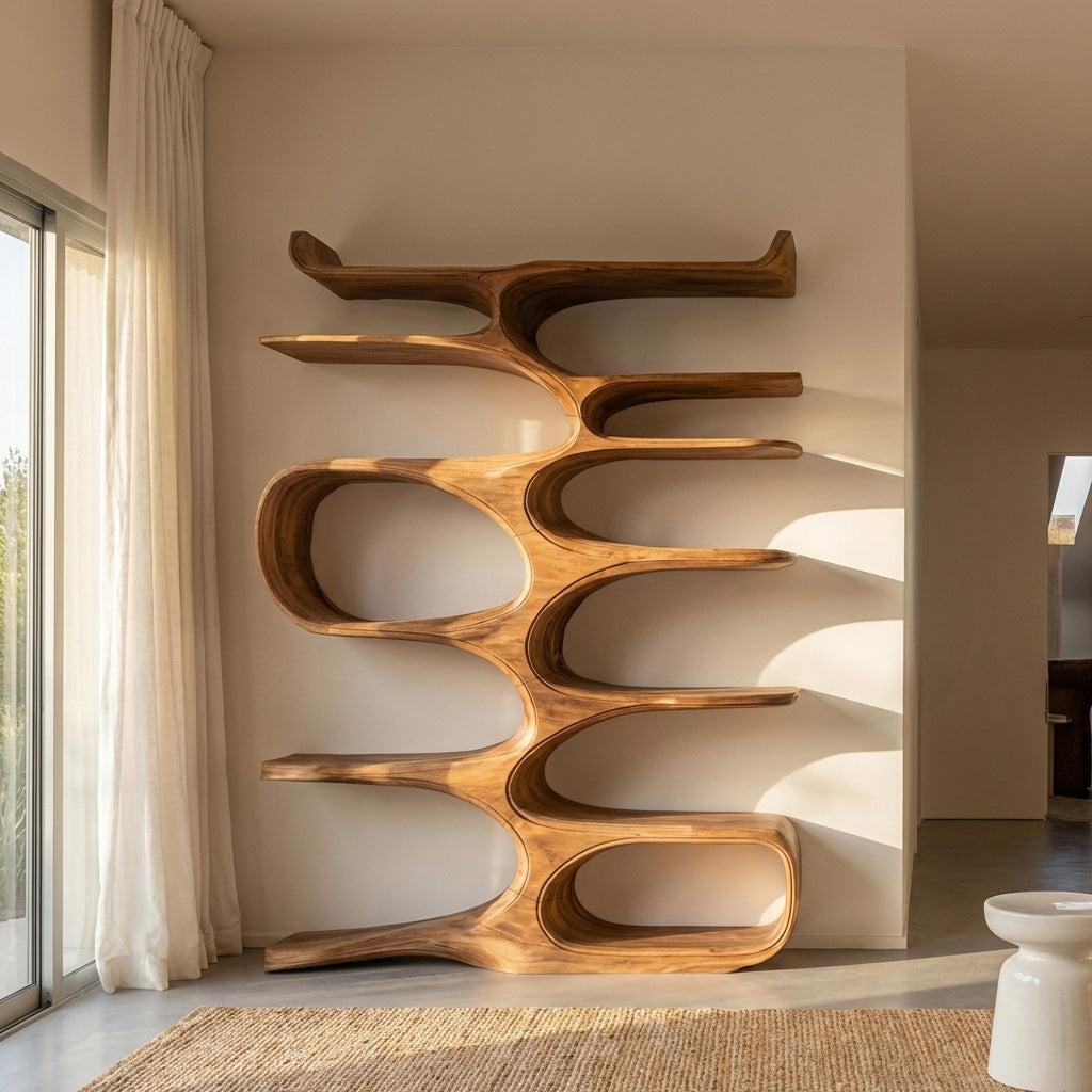 Mid-Century Natural Wood Bookshelf, Handcrafted Solid Wood Geometric Bookcase & Display Rack for Office & Living Room