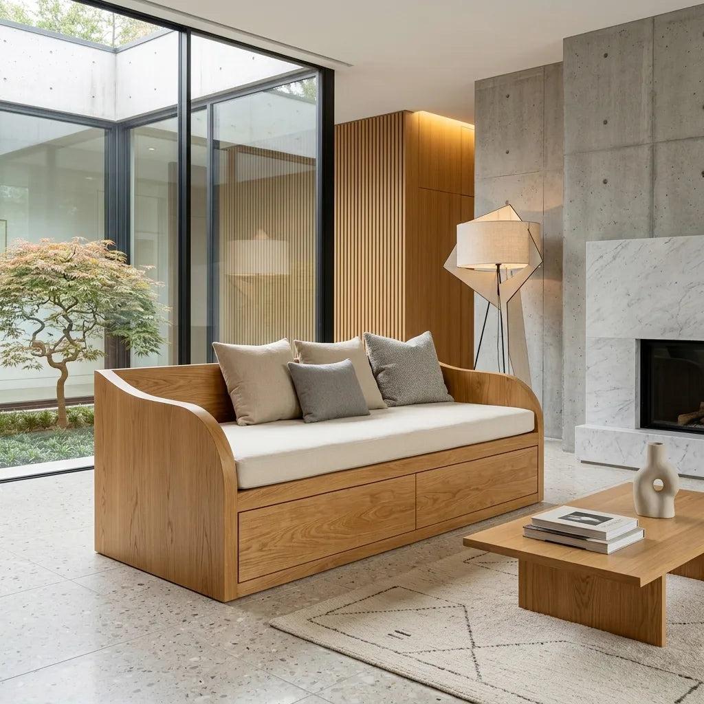 Modern Wooden Sofa With Integrated Drawers For Living Room