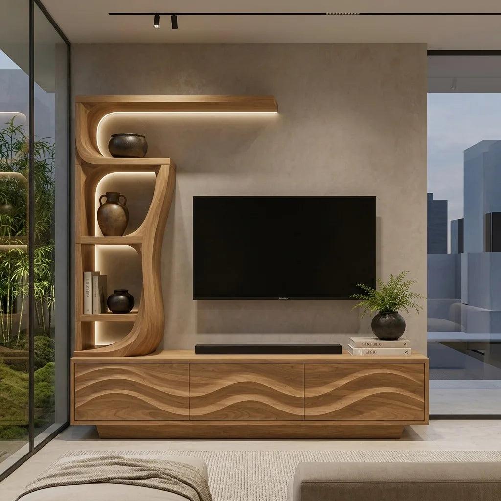 Contemporary Wave Carved Wooden TV Stand With Shelf For Living Room RTNGHNTVC145