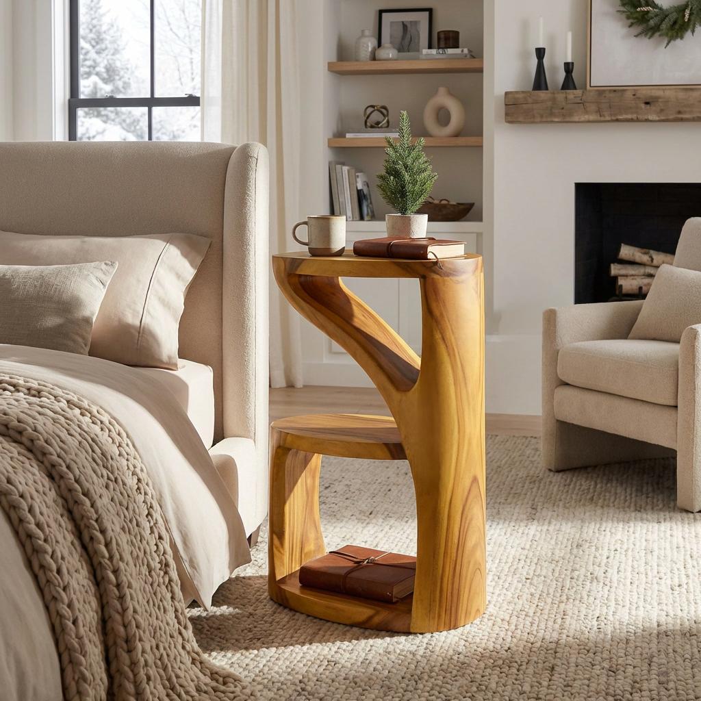 Spry Interior Elegant Wooden Nightstand, Sculptural Two-Level Bedside Table with Open Display Storage shelf, Model RTTHTTNS036