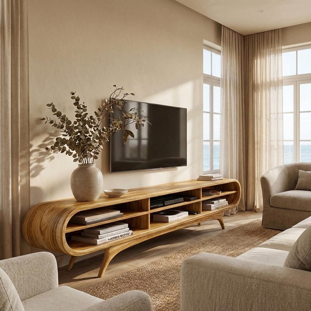 Spry Interior Scandinavian Natural Wood TV Cabinet, Handcrafted Mid-Century Modern Media Console & Entertainment Center Board, RTTHHNTVC094