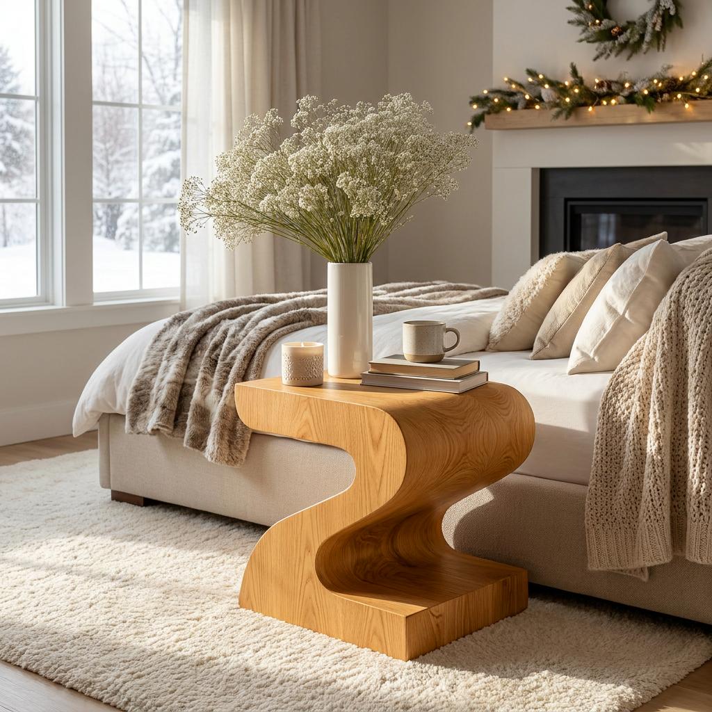 Spry Interior Organic Wooden Nightstand with S-Shape, Modern Sculptural Bedside End Table with Open Shelves, Model RTTHTTNS020