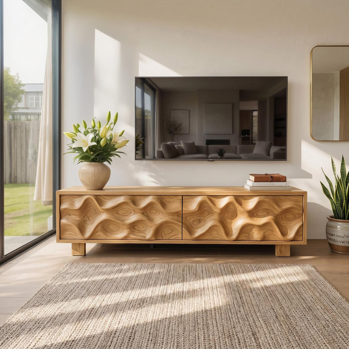 Hand-Carved TV Stand, Artistic Wave Design Solid Wood Media Entertainment Console Table for Modern Living Room