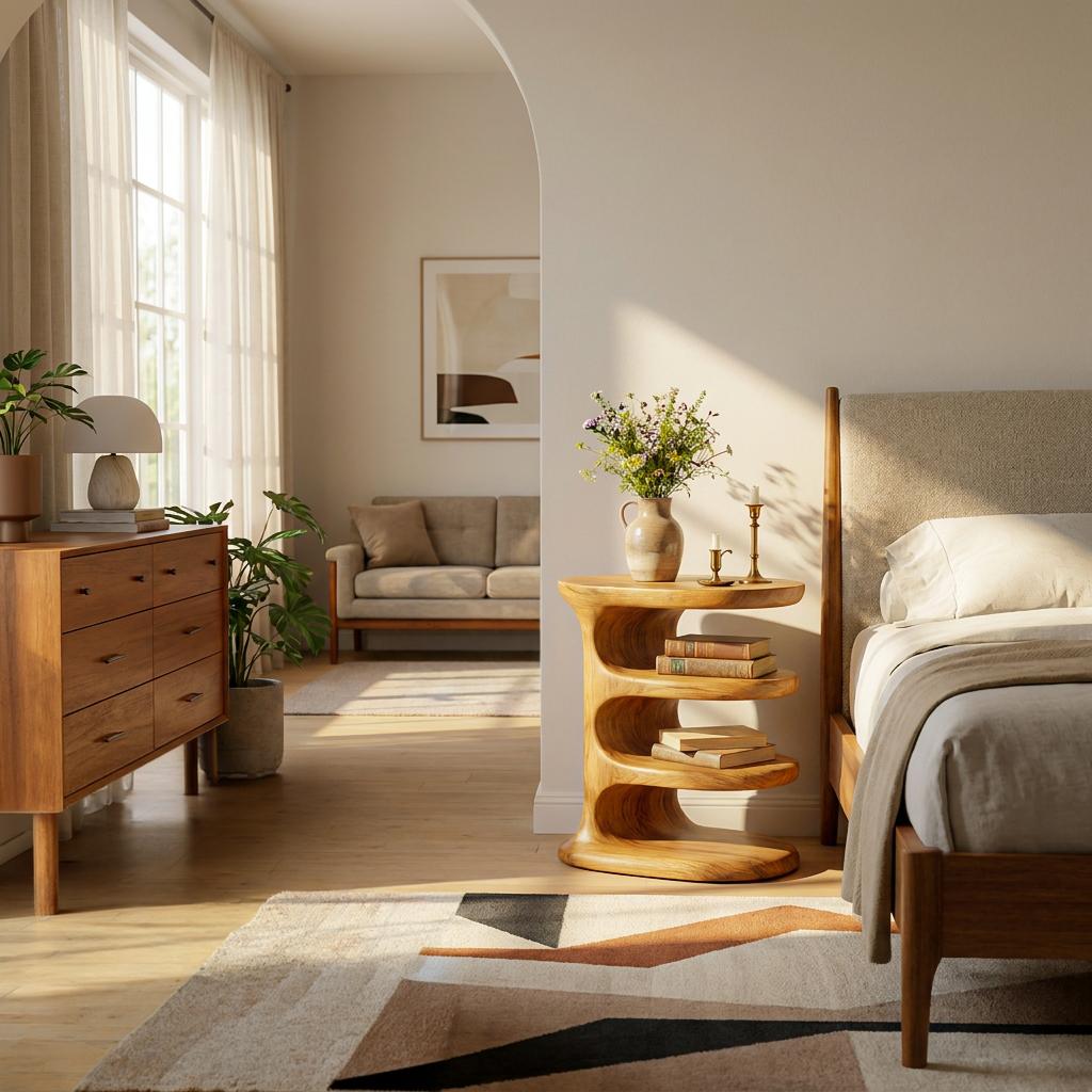 Modern Wooden Nightstand, Multi-Layer Tiered Design Bedside Side Table with Open Storage, Model