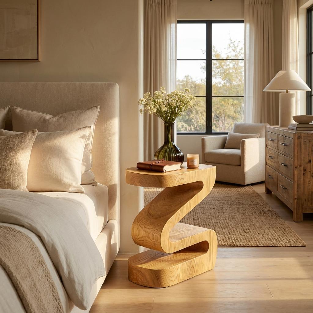 Spry Interior Elegant Natural Wood Nightstand, Minimalist Bedside Table with Curved Form & Open Storage, Model RTTHTTNS023