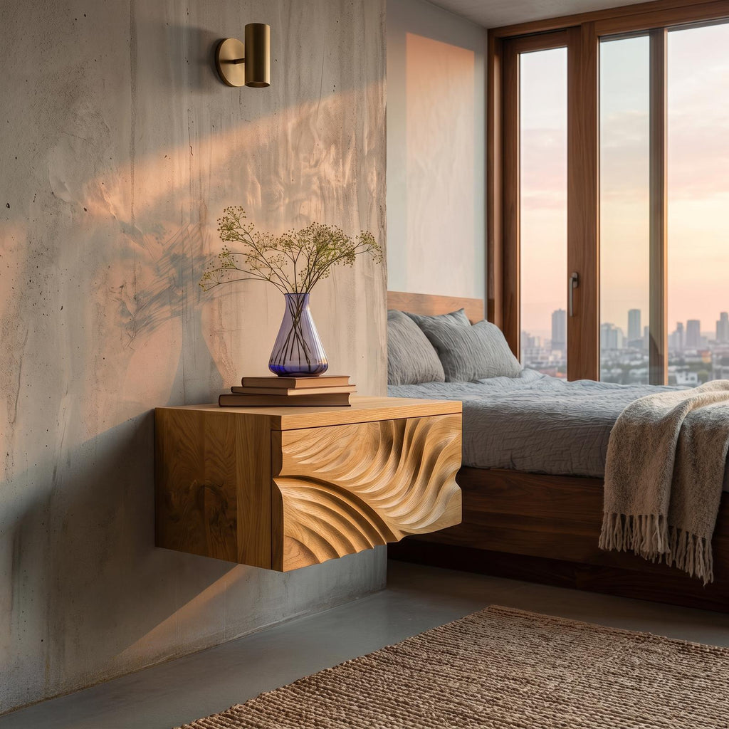 Elegant Wooden Floating Nightstand with Carved Front, Wall Mounted Bedside Table with Drawer, Model