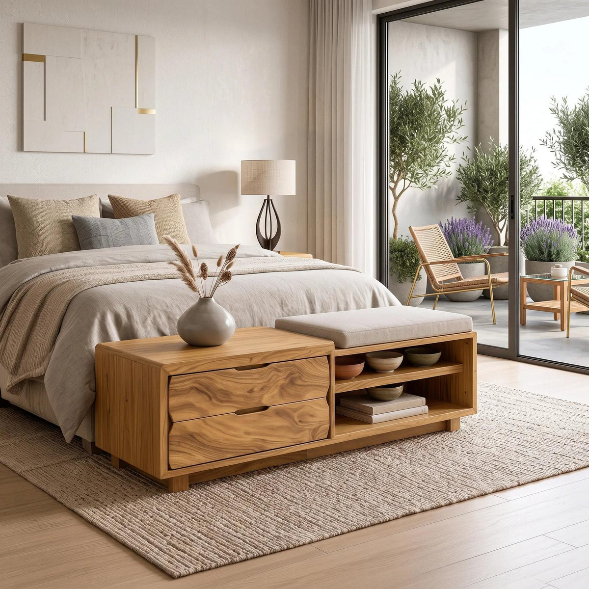 Natural Wood Storage Bench Cushion Drawers For Bedroom