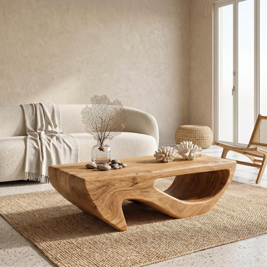 Modern Wooden Coffee Table with Open Storage Shelf, Minimalist Rectangular Center Table, Model