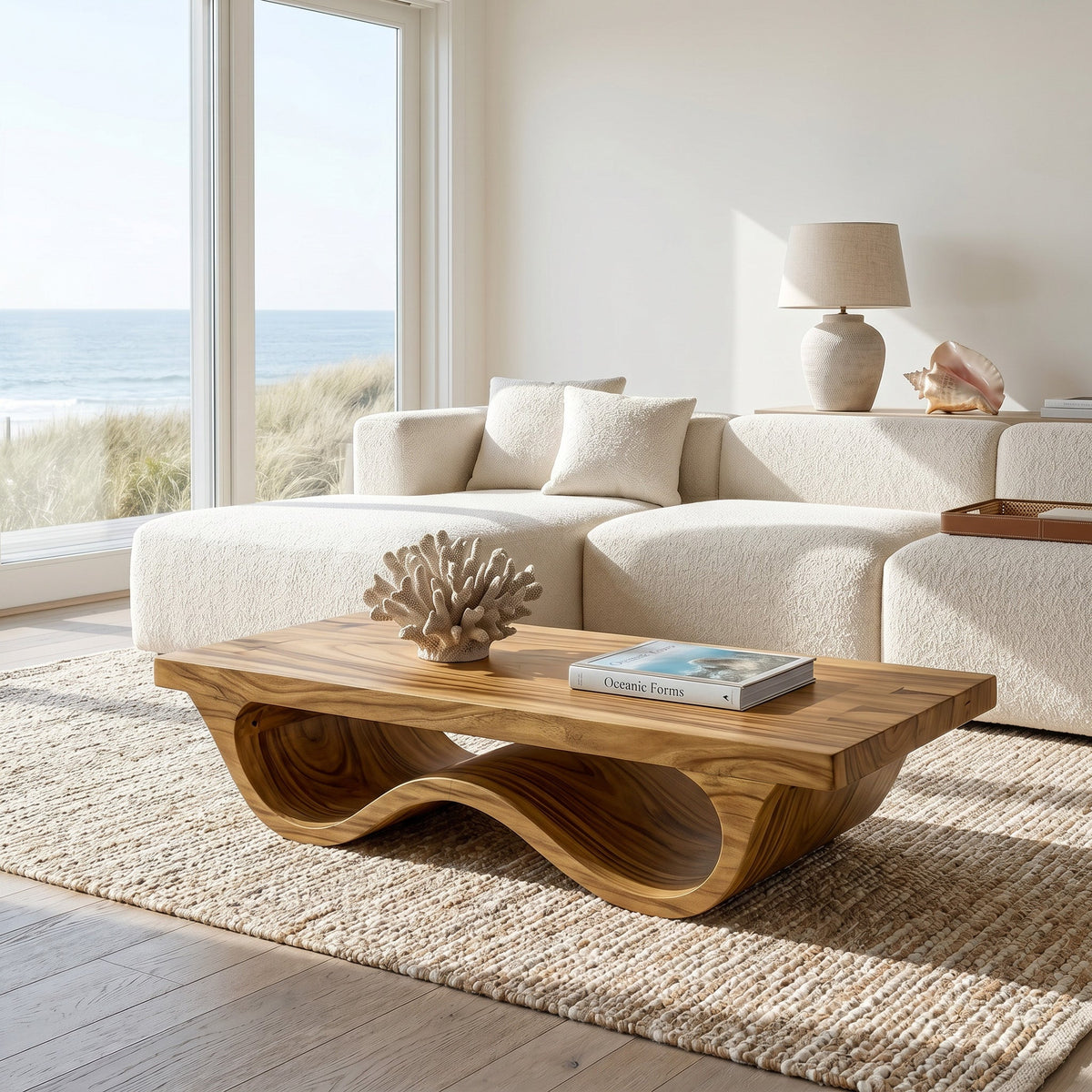 Contemporary Coffee Table, Curved Leg Pedestal Solid Wood Cocktail Table for Modern Living Room & Lounge