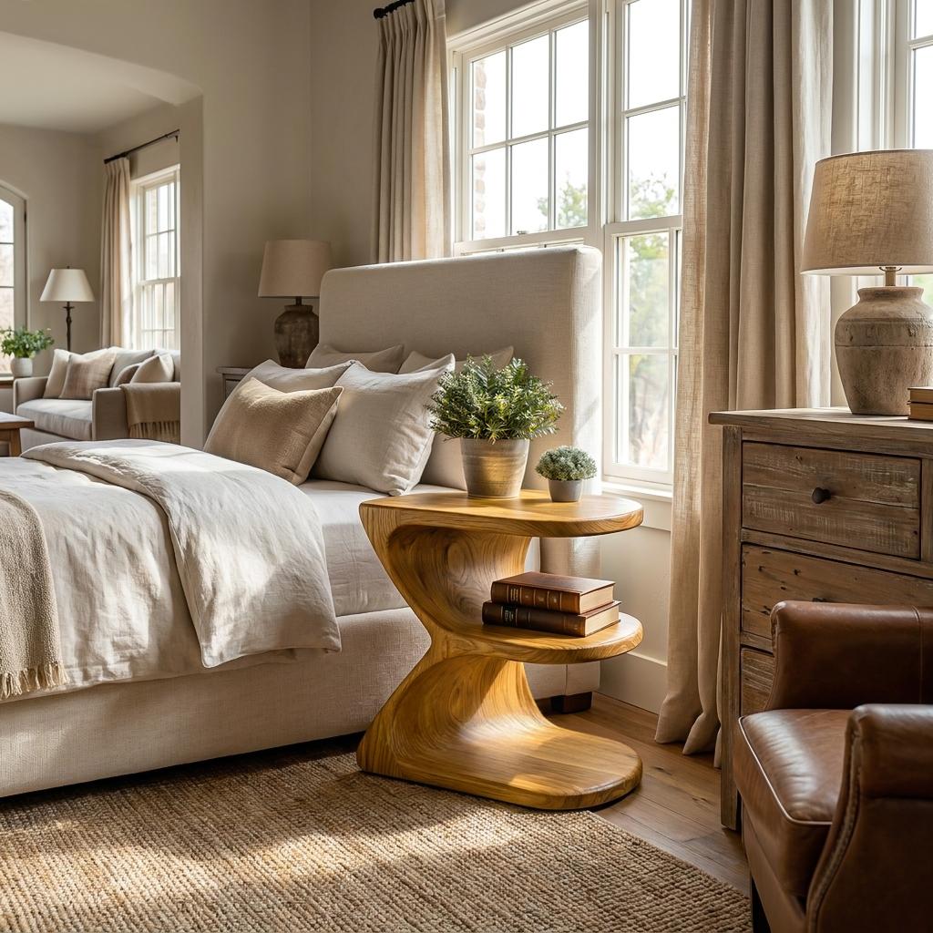 Modern Natural Wood Nightstand, Unique E-Shape Bedside Table with Open Shelves for Bedroom, Model