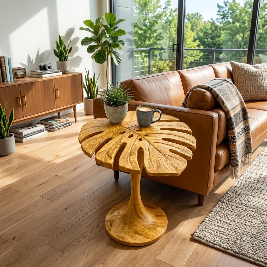 Handmade Wooden Side Table with Leaf Shape Top, Solid Wood Sculptural End Table for Sofa Side & Living Room, Model