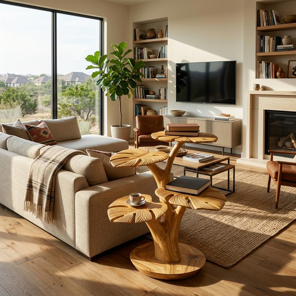Organic Wooden Side Table with Multi-branched Tabletop, Handcrafted Solid Wood End Table for Living Room, Model