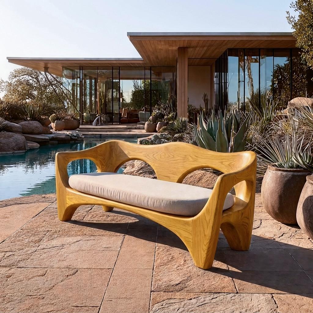 Mid-Century Modern Wooden Sofa with Sculptural Frame, Handcrafted Solid Wood Patio & Living Room Couch, Model