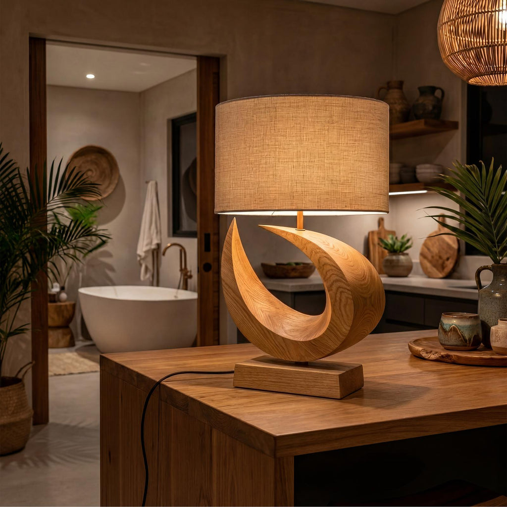 Coastal Artistic Table Lamp, Unique Wooden Driftwood Style Bedside Light for Bedroom & Living Room