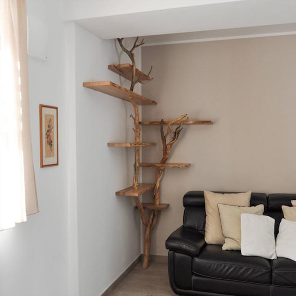 Natural Tree Branch Corner Shelf Wood Bookcase Wall Custom Cat Tree