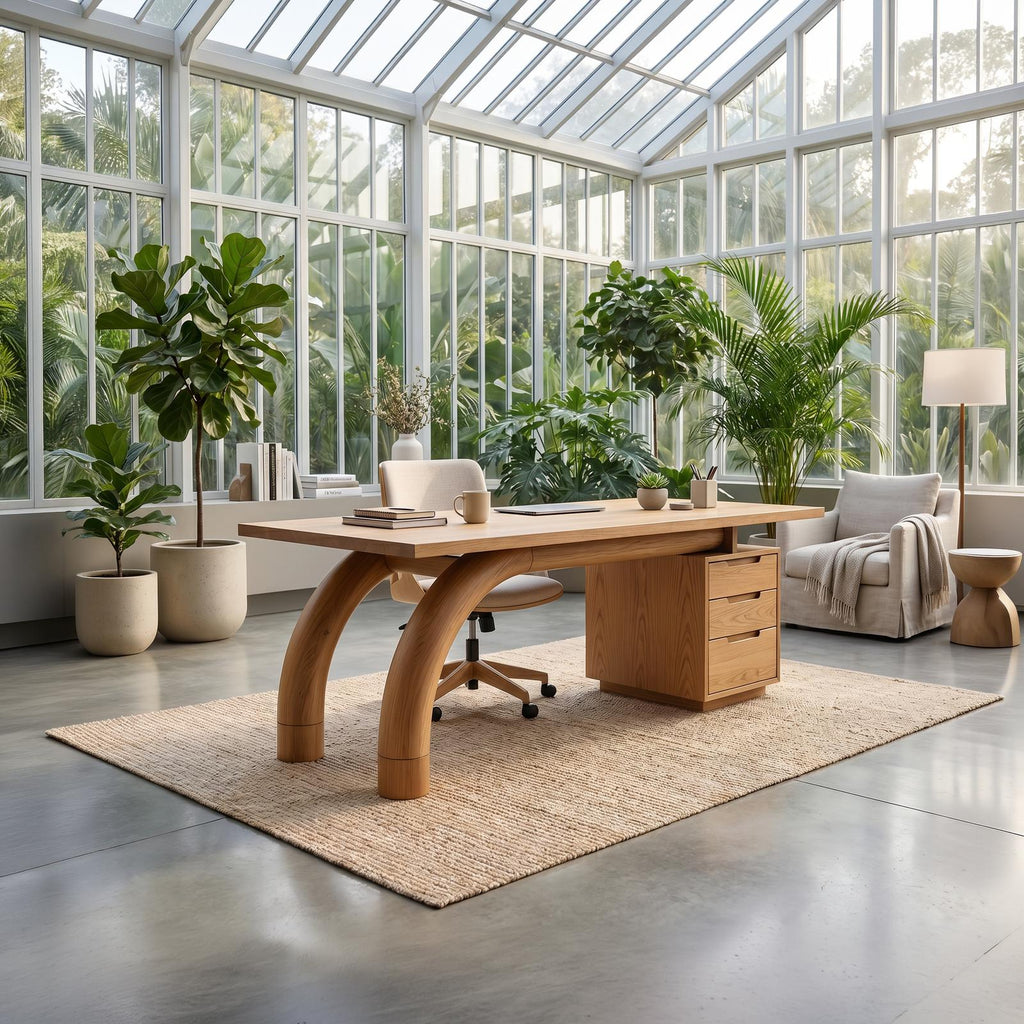 Modern Curved Solid Wood Office Desk with Open Shelf Storage, Handcrafted Laptop Computer Desk, Study Writing Table