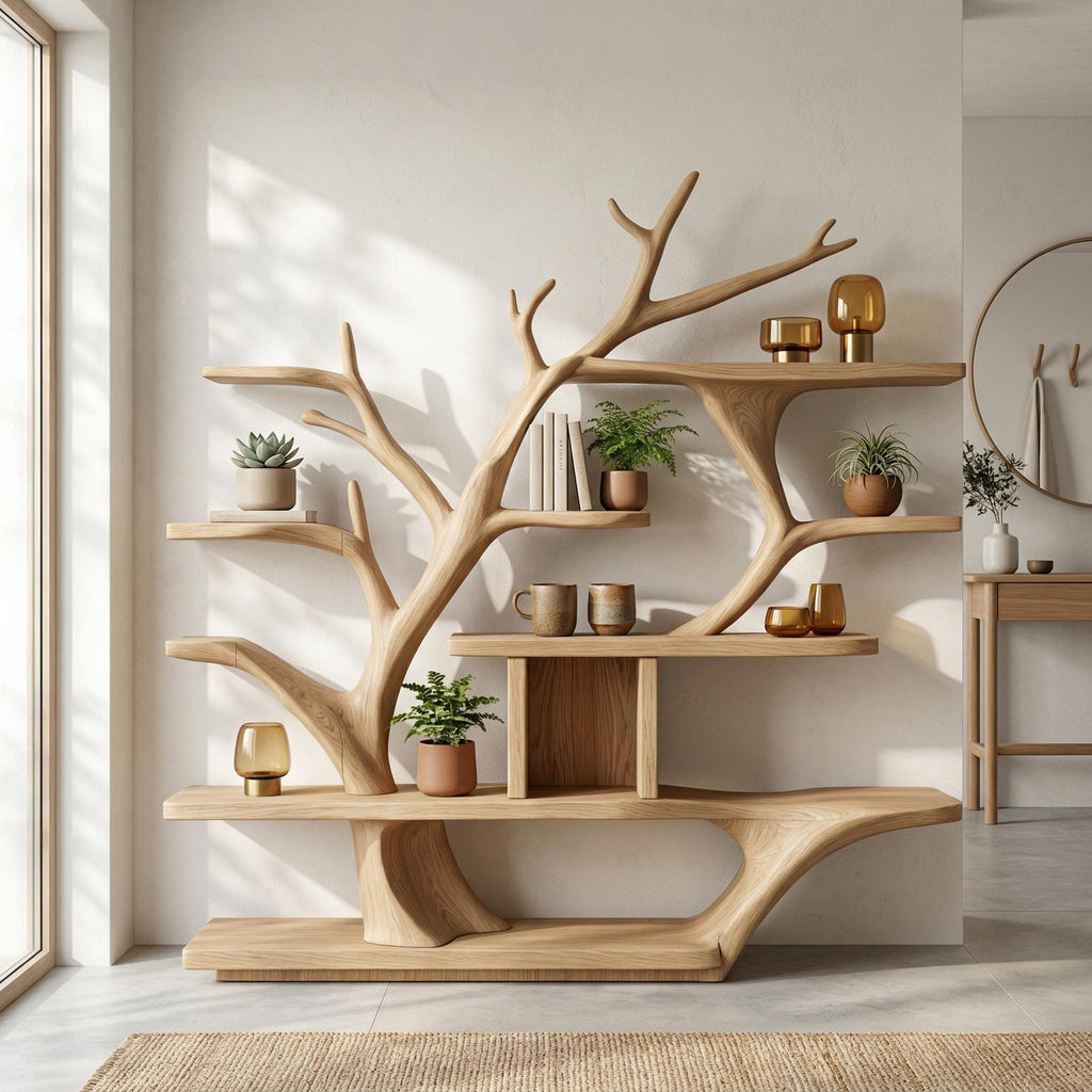Modern Organic Tree Bookshelf, Solid Wood Branch Design Bookcase & Display Shelf for Living Room Decor