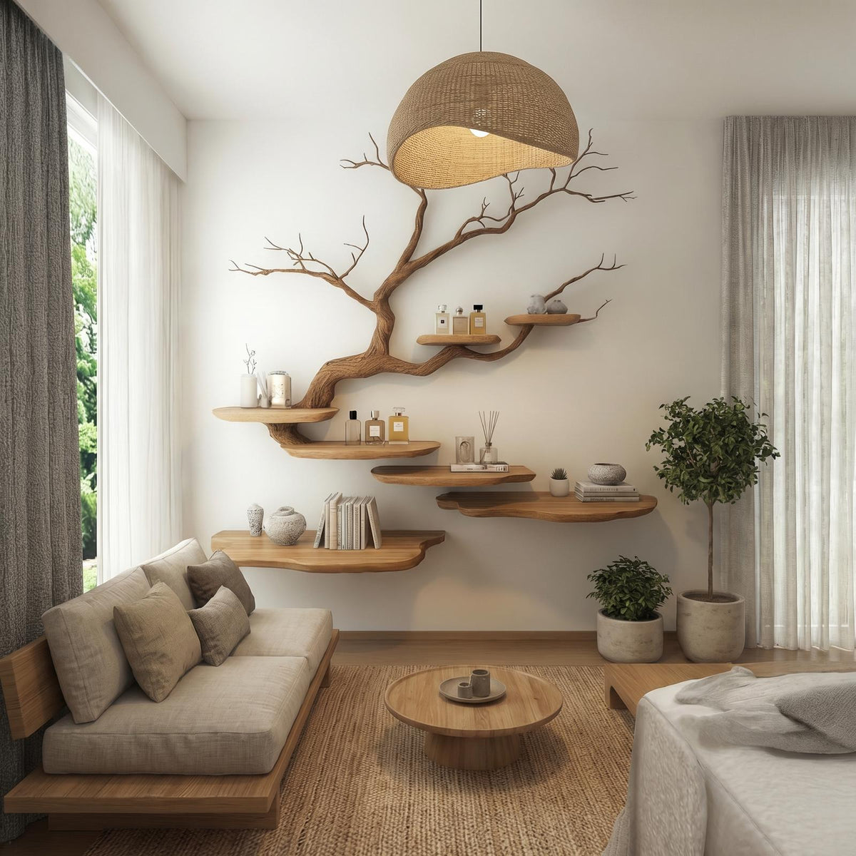 Rustic Tree Branch Wall Mounted Bookshelf For Living Room And Bedroom Space