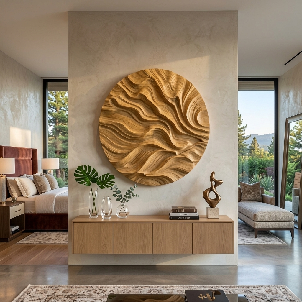 Round Carved Wood Wall Sculpture, 3D Abstract Mandala Style Circular Wood Panel Art for Living Room