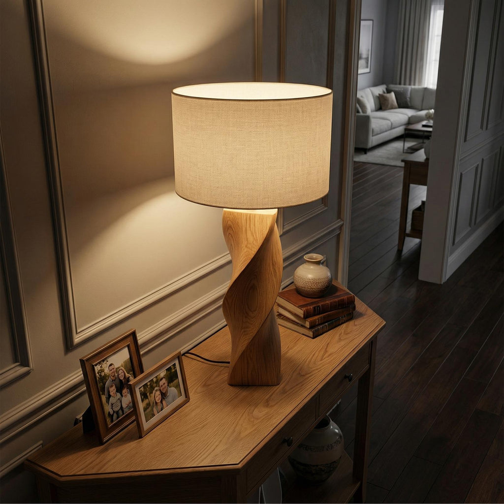 Modern Accent Table Lamp, Contemporary Wood Nightstand Bedside Light for Living Room & Bedroom