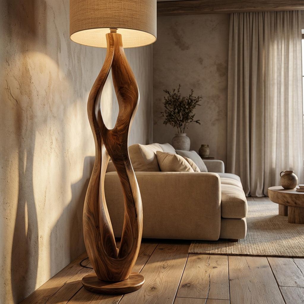 Spry Interior Minimalist Wooden Floor Lamp with Fabric Drum Shade, Modern Solid Wood Bedside Standing Night Light for Bedroom, Model RTTHHNLAM067