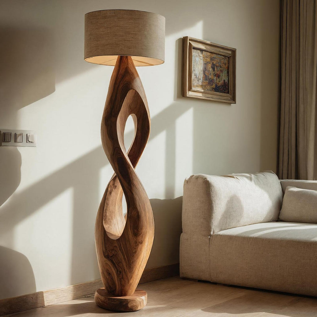 Modern Twisted Wooden Floor Lamp, Handcrafted Solid Wood Spiral Standing Light with Shade for Living Room, Model