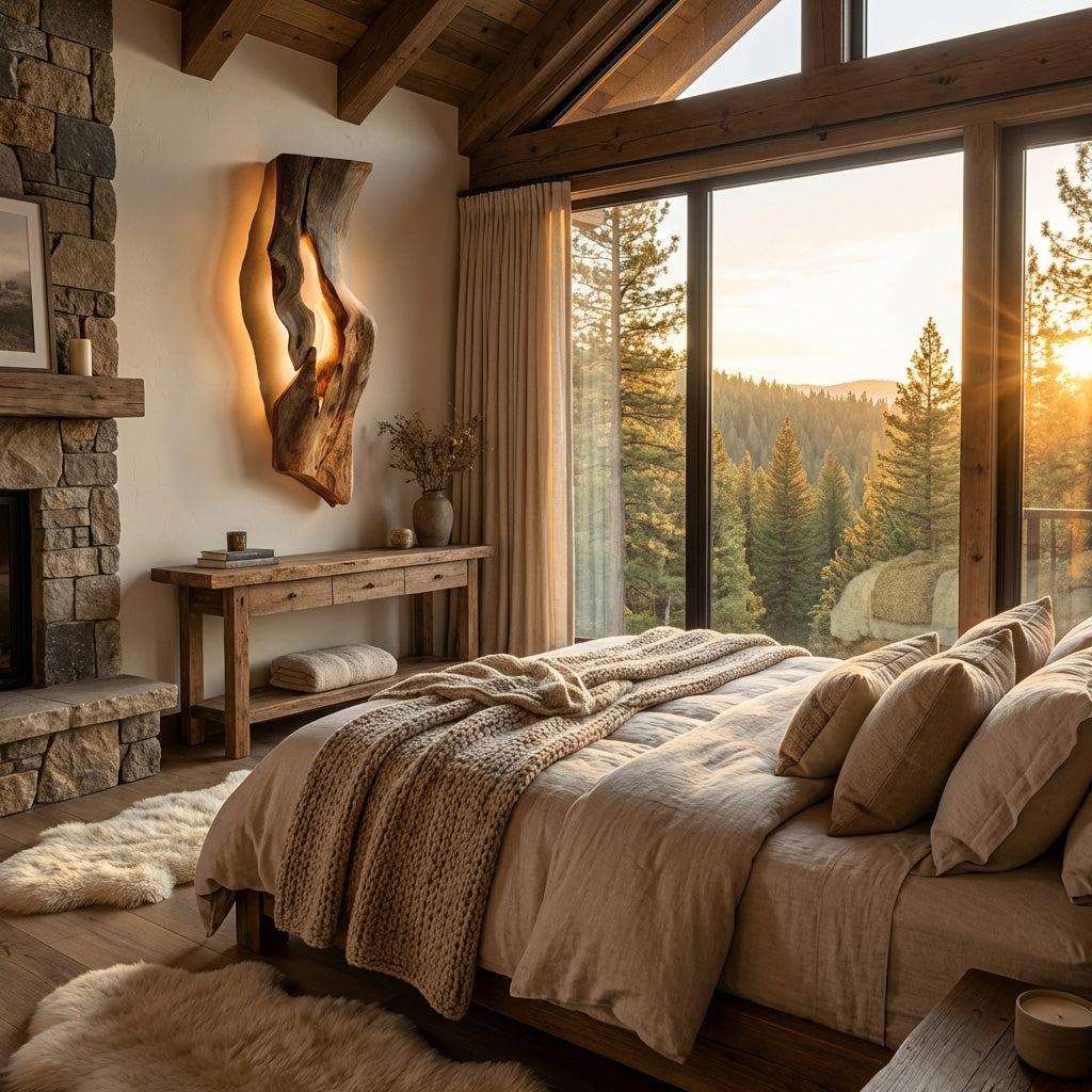 Rustic Wooden Wall Lamp, Handcrafted Natural Wood Sconce Light for Bedroom Headboard & Hallway Accent, Model