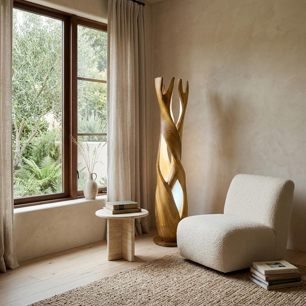 Statement Wooden Sculpture Lamp, Sculptural Solid Wood Artistic Accent Light for Luxury Home Living Room, Model