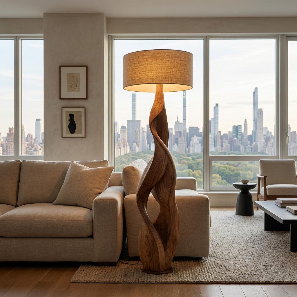Sculptural Wooden Floor Lamp with Fabric Shade, Modern Solid Wood Standing Night Light for Bedroom Cozy Corner, Model