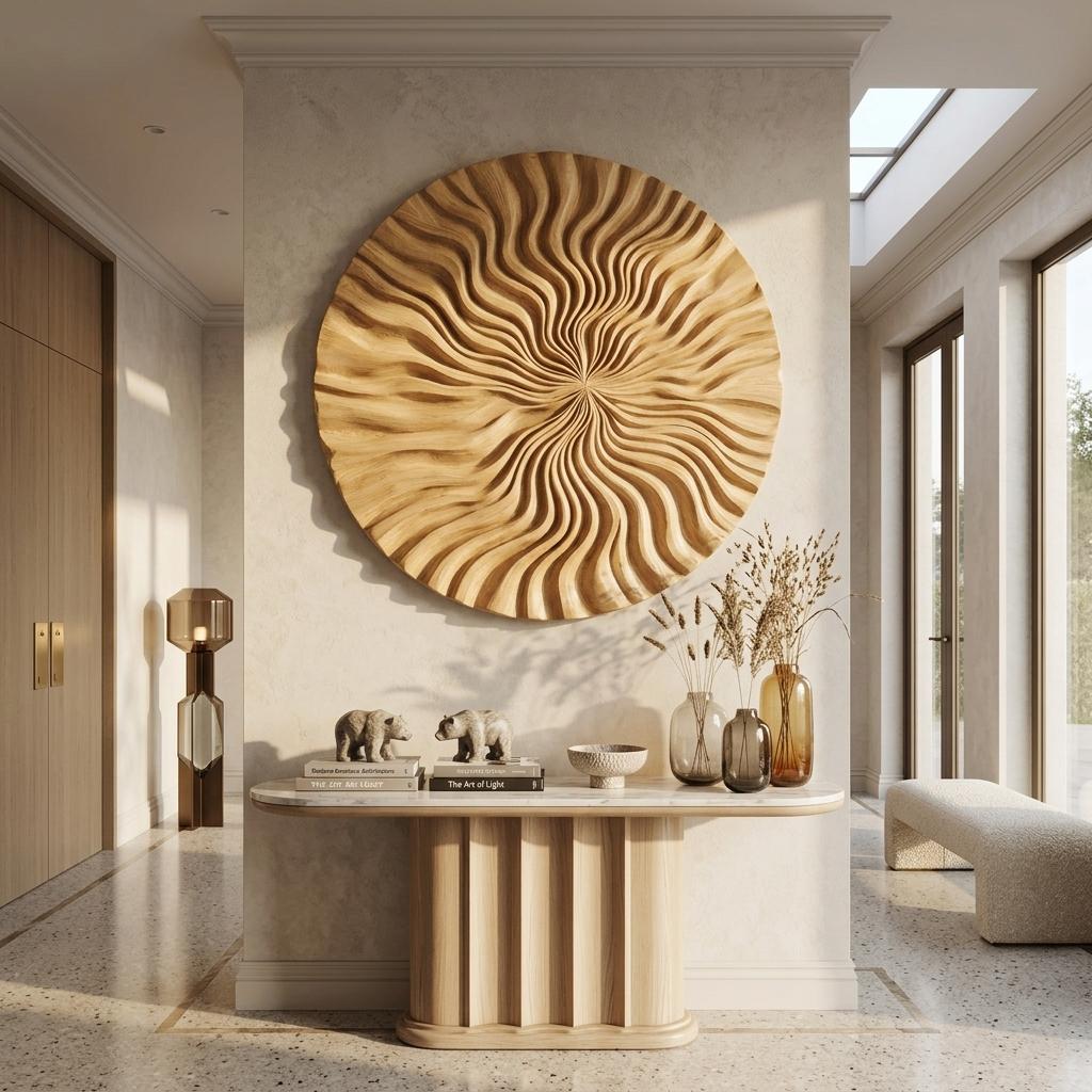 Round Wood Wall Art, 3D Ocean Wave Design Carved Wooden Panel, Modern Coastal Decor for Entryway & Bedroom