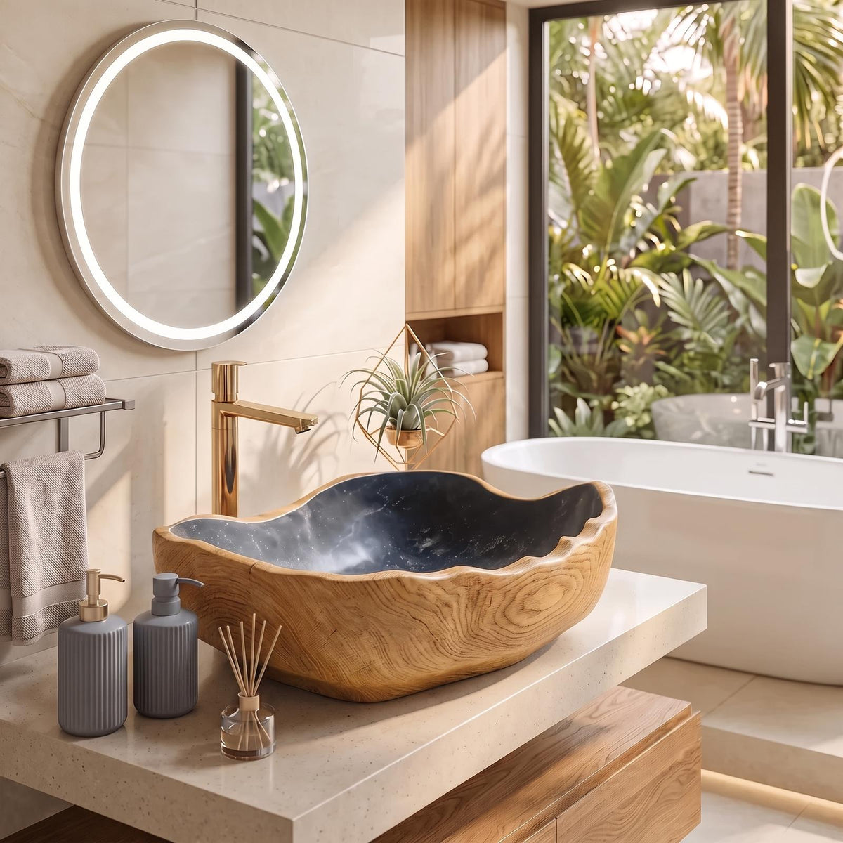Mid-Century Solid Wood Vessel Sink, Handcrafted Organic Shape Bathroom Wash Basin for Modern Luxury Vanity Decor