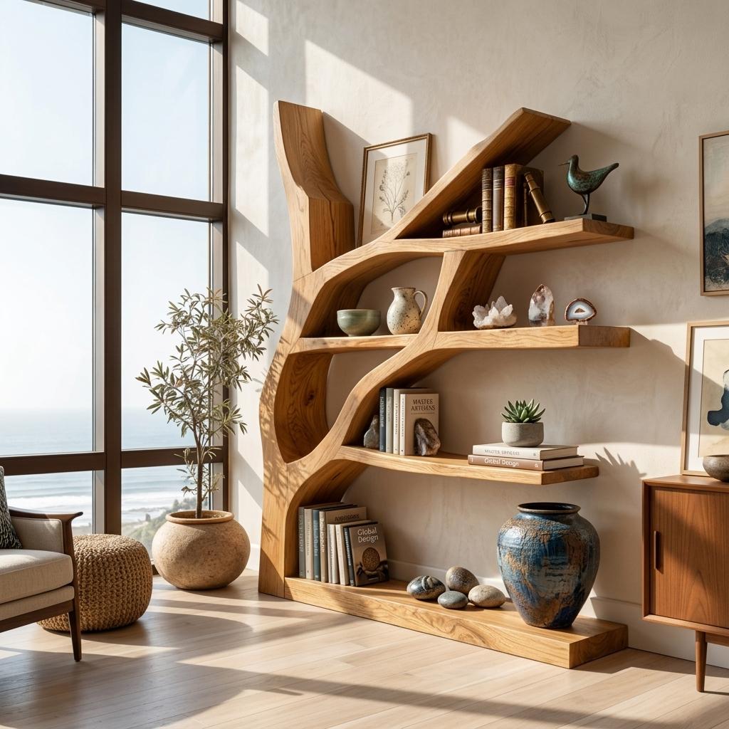 Contemporary Wooden Bookshelf with Sculptural Shape, Handcrafted Solid Wood Bookcase for Living Room & Library