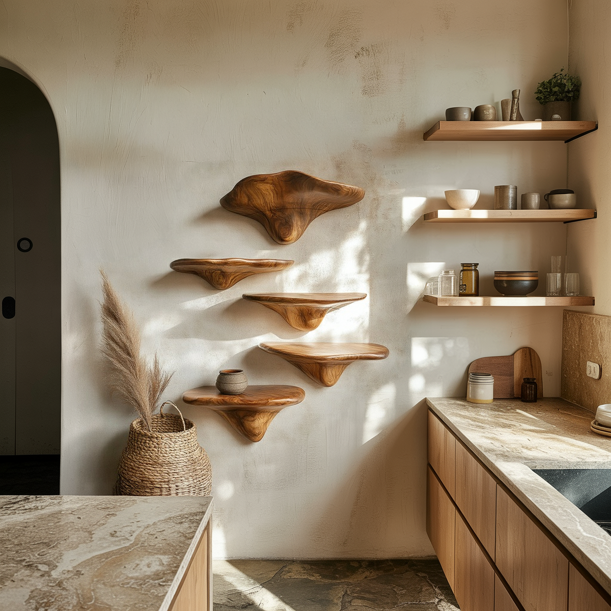 Sculptural Mushroom Wall Shelf, Whimsical Wooden Floating Shelf for Plant Display in Kitchen, Living Room & Bedroom