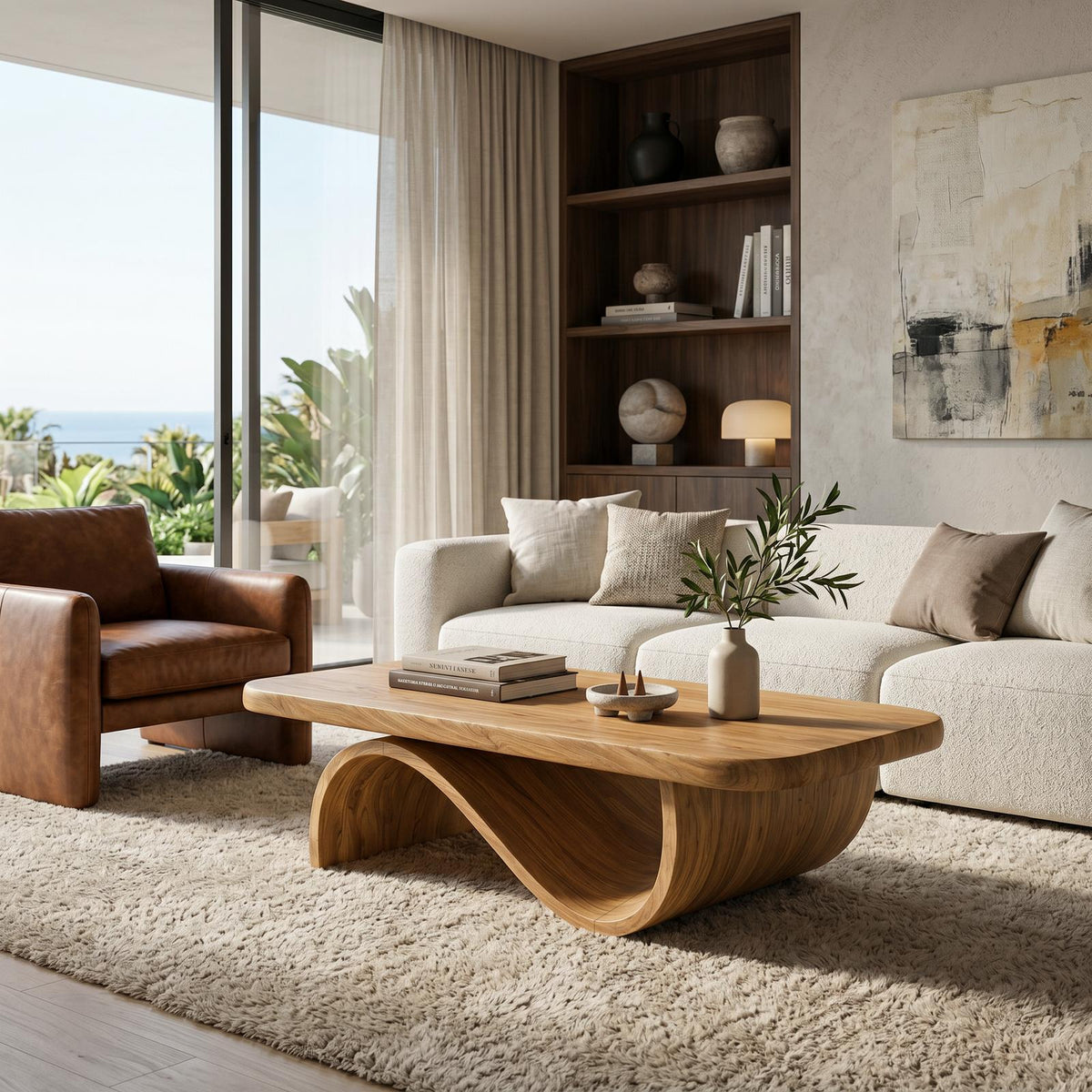 Artistic Wooden Coffee Table with Curved Base, Modern Sculptural Center Table for Living Room Decor, Model
