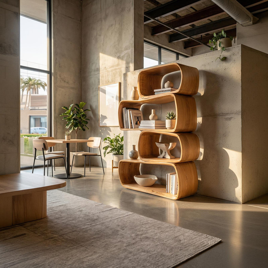 Rustic Farmhouse Abstract Bookshelf, Geometric Wooden Bookcase Cabinet for Apartment & Living Room