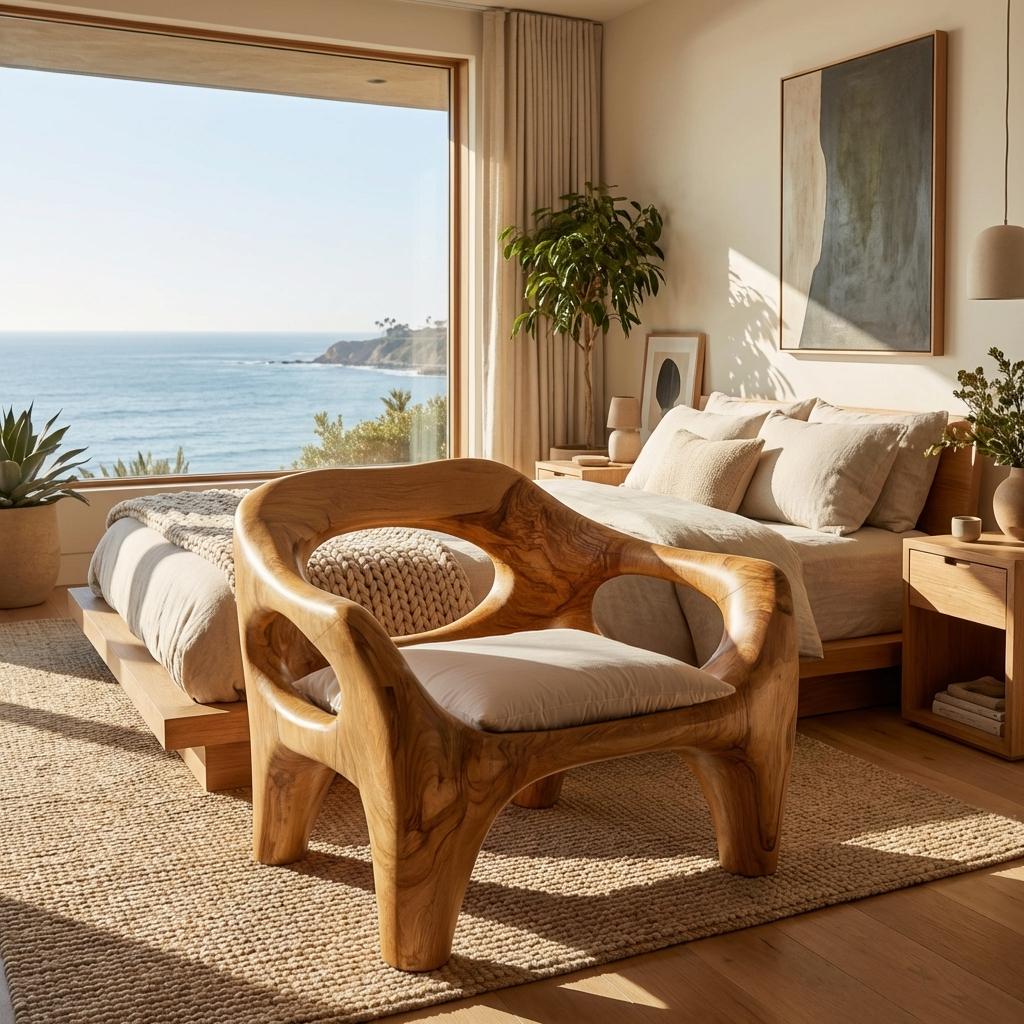 Modern Sculptural Natural Wood Accent Chair, Handcrafted Solid Wood Lounge Armchair for Living Room & Office