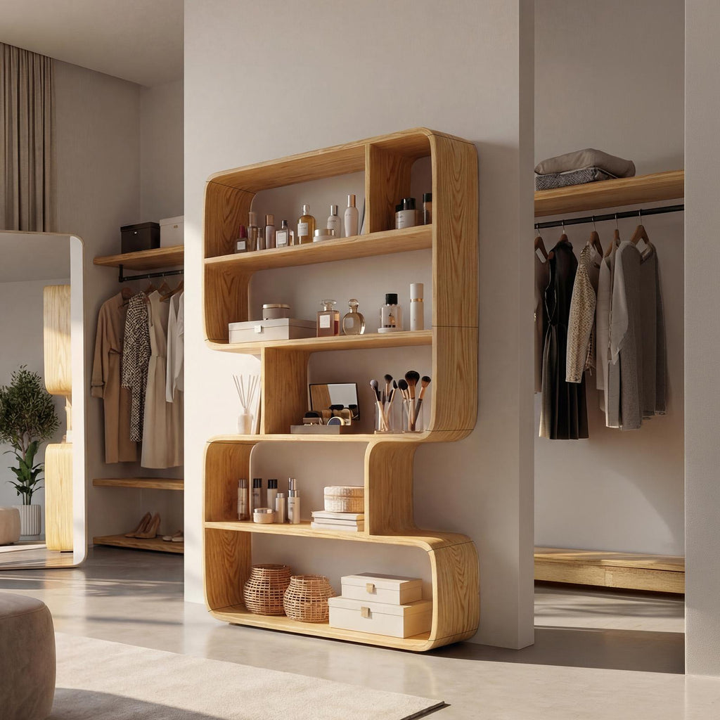 Japandi Sculptural Wood Bookshelf, Wall-Mounted Bathroom Open Storage Display Cabinet & Towel Rack Organizer