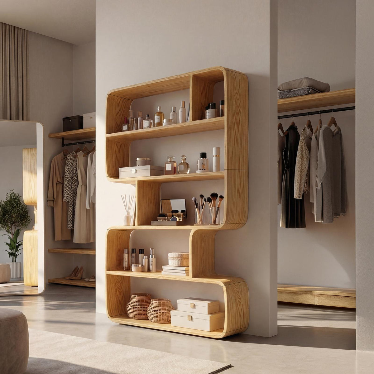 Japandi Sculptural Wood Bookshelf, Wall-Mounted Bathroom Open Storage Display Cabinet & Towel Rack Organizer