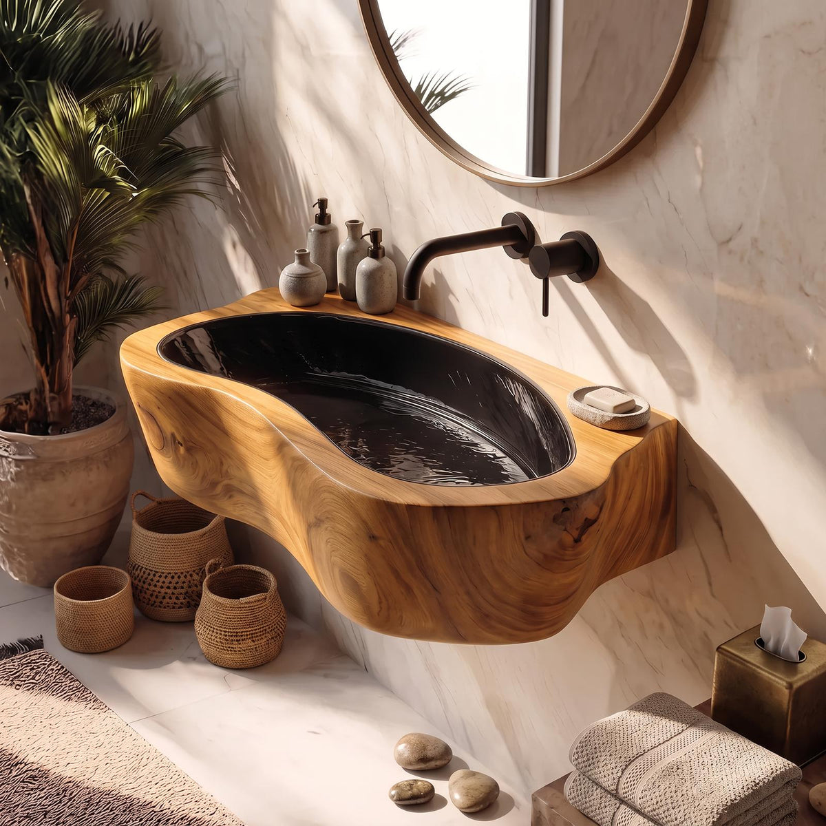 Handcrafted Live Edge Wooden Vessel Sink, Rustic Solid Wood Wash Basin for Natural Bathroom Vanity
