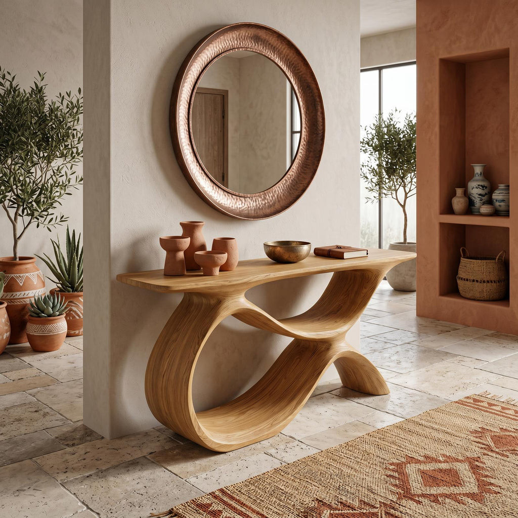 Modern Wooden Console Table with Curved Open Storage, Handcrafted Entryway Table for Hallway & Living Room, Model
